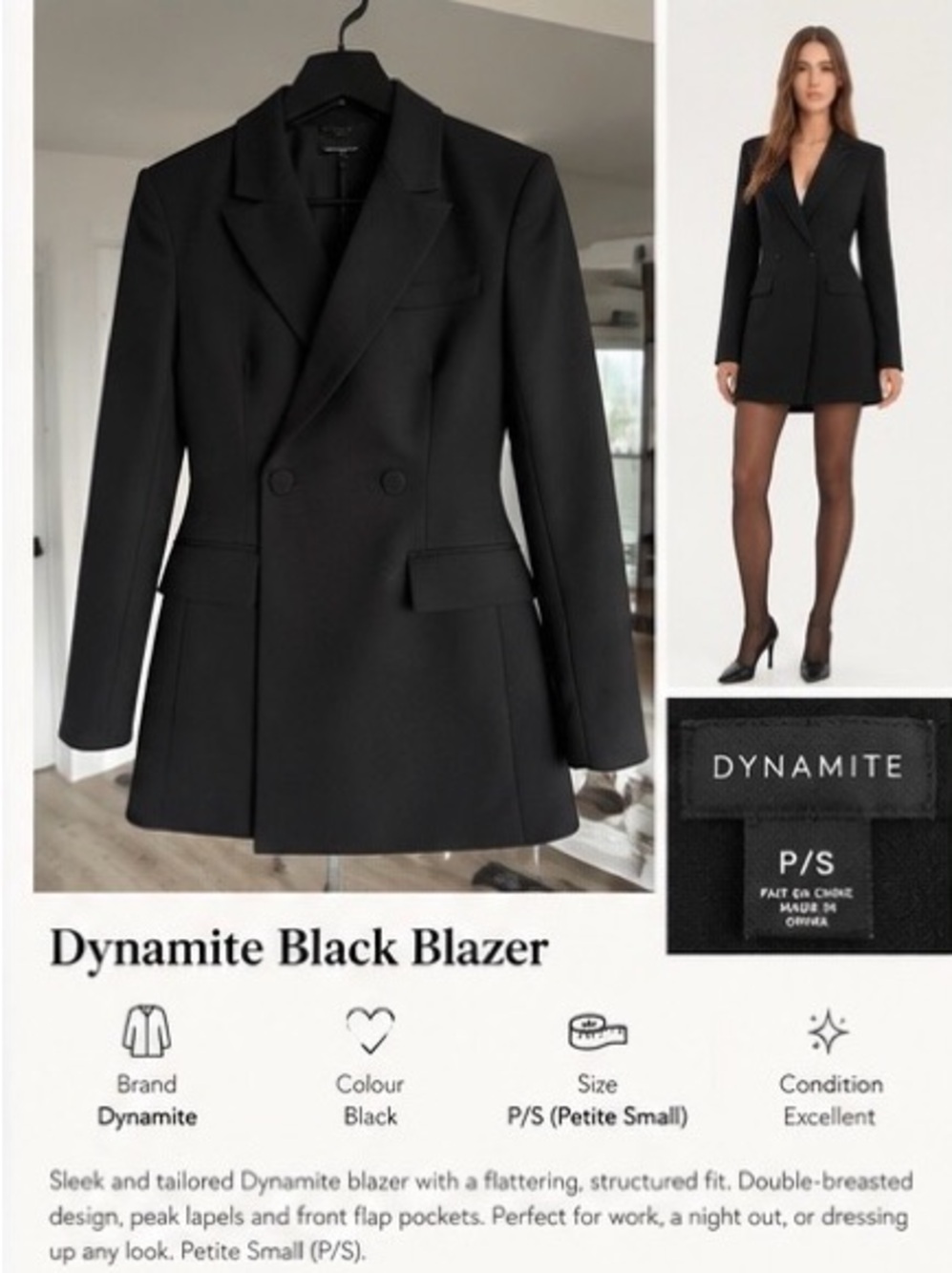 Dynamite Black Double-Breasted Tailored Blazer